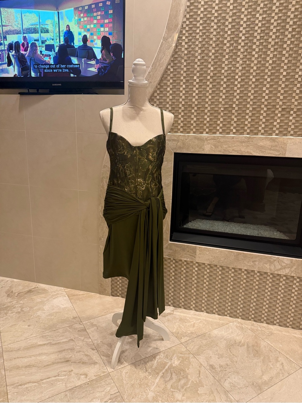 Vici Olive Lace-Detail Mini Dress with Draped Sash